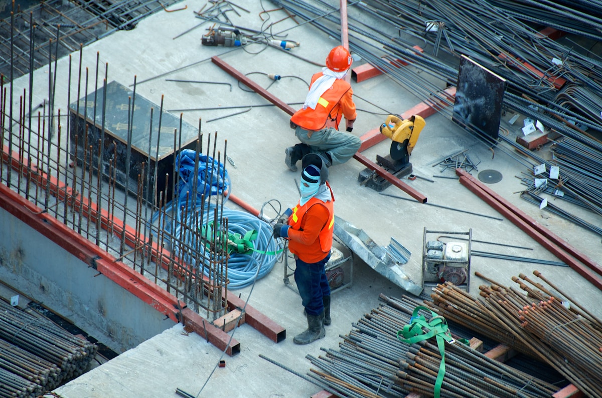 Industrial construction team at work